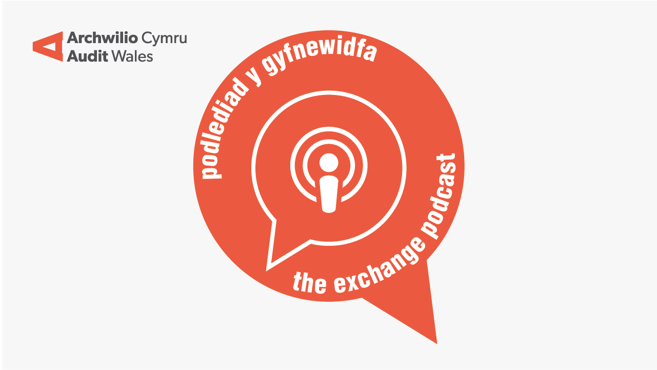 Icon of a speech bubble with the words The Exchange Podcast - Podlediad y gyfnewidfa