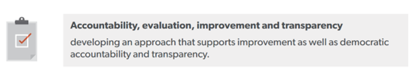 Recommendation to develop an approach that supports improvement as well as democratic accountability and transparency.