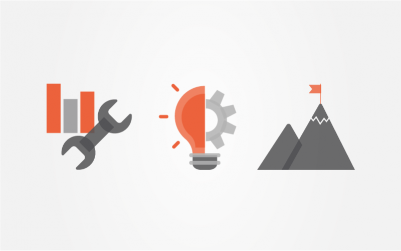 3 icons: graph and spanner, half lightbulb half cog, mountain with flag at the top