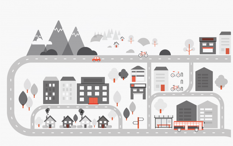 Illustration of houses and roads as in a town