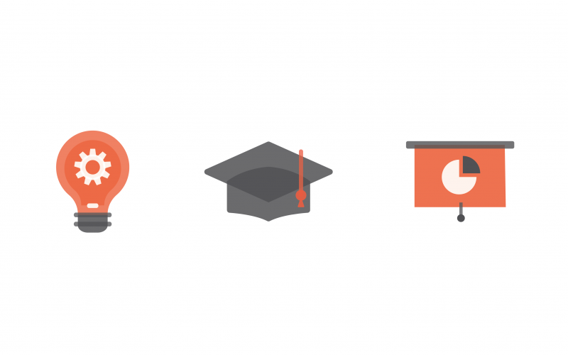 Icon of light bulb, graduation cap and computer