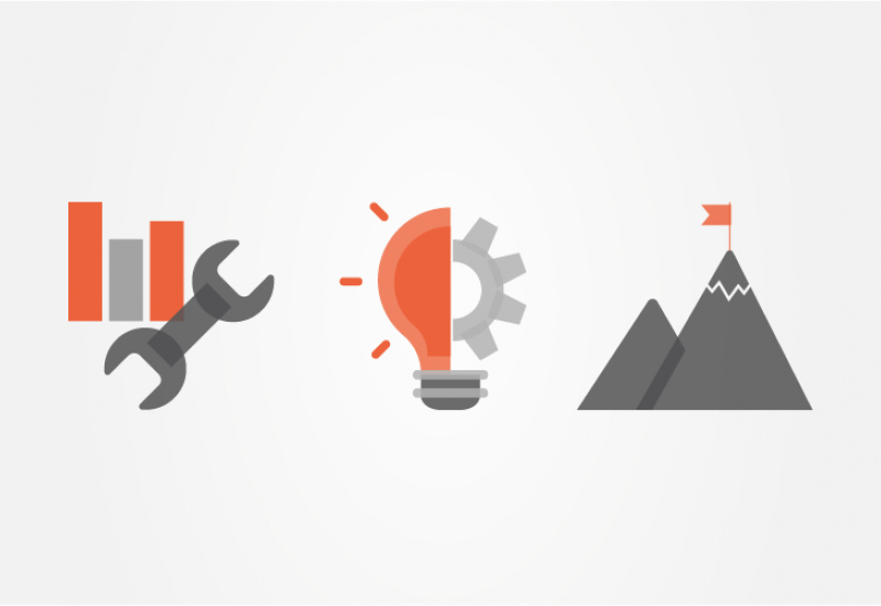 Three icons of a spanner next to a graph, a lightbulb that's half cog, a mountain with a flag at the top