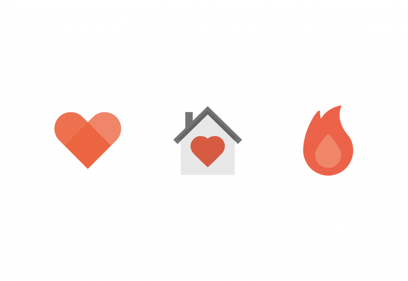 Icon of a heart, house with a heart inside and a flame