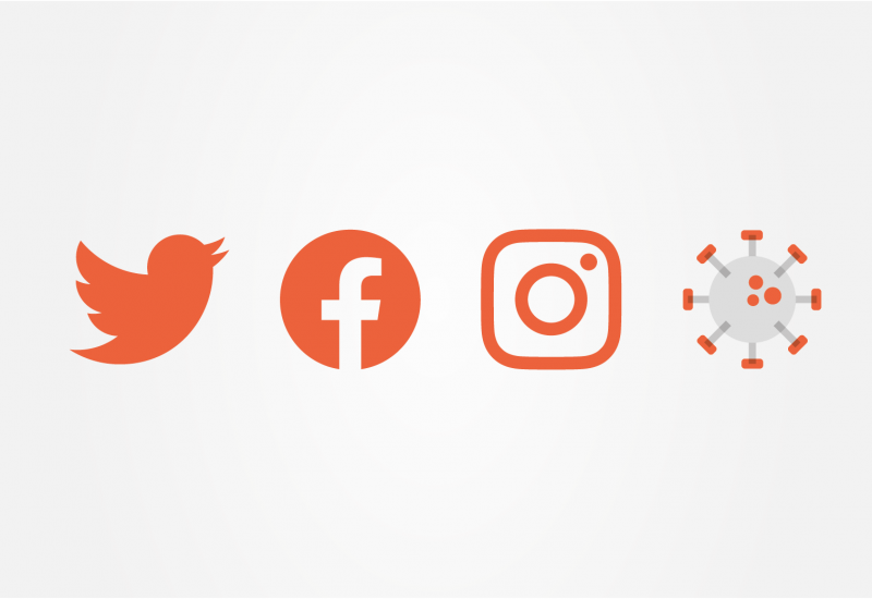 White background and orange social media icons in a row - Twitter, Facebook, Instagram - and an icon of a virus