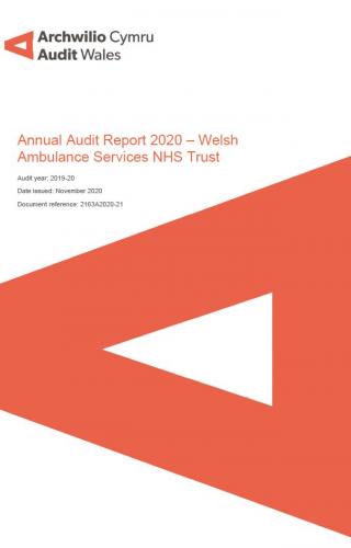 Front cover showing Audit Wales logo for the Welsh Ambulance Services NHS Trust – Annual Audit Report 2020 report