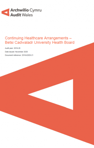 Continuing Healthcare Arrangements – Betsi Cadwaladr University Health Board: report cover showing Audit Wales logo