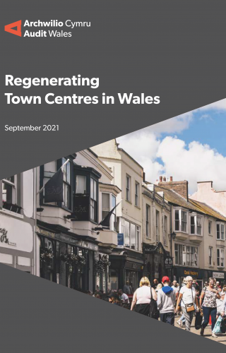 Image of a town and the words - Regenerating town centres in Wales 