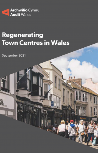 Image of a town and the words - Regenerating town centres in Wales