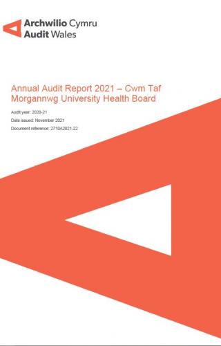Cwm Taf Morgannwg University Health Board – Annual Audit Report 2021: report cover showing Audit Wales logo