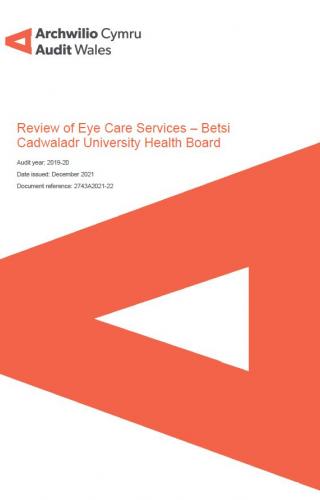 Betsi Cadwaladr University Health Board – Review of Eye Care Services: report cover showing Audit Wales logo