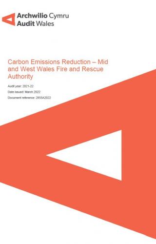 Mid and West Wales Fire and Rescue Authority – Carbon Emissions Reduction: report cover showing Audit Wales logo