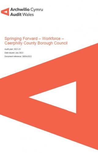 Caerphilly County Borough Council – Springing Forward – Workforce: report cover and Wales Audit Office logo